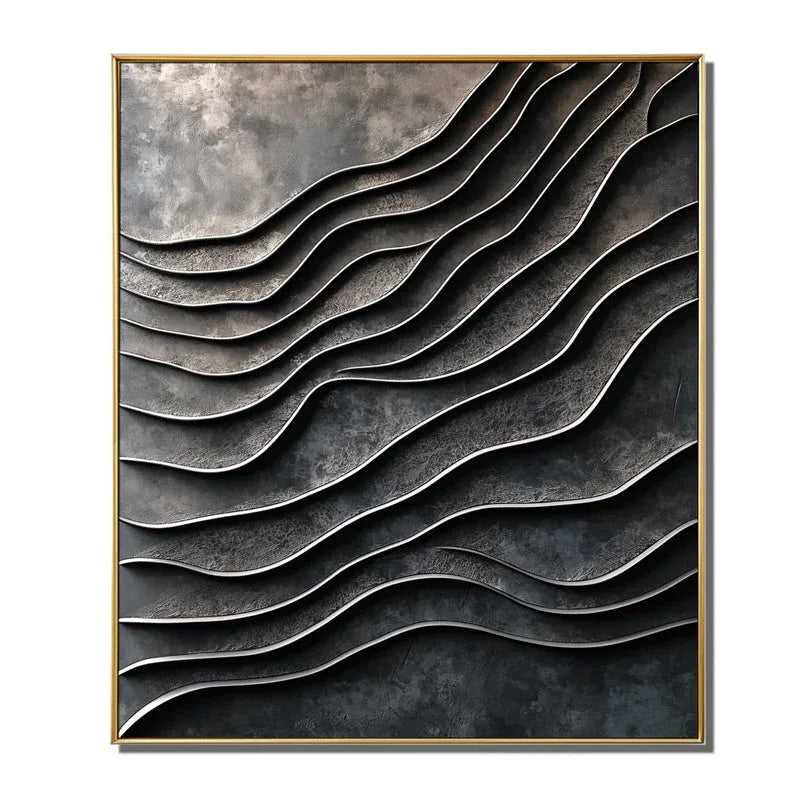 3D Metallic Wave Wall Art-Modern Minimalist Dark Grey Wave Layer Metal Flow Abstract Texture Wall Art