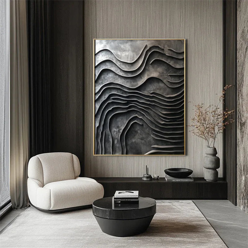 Erosion of Time-Art of Hand-Painted Deep Grey Wave Textured Wall With Surging Waves