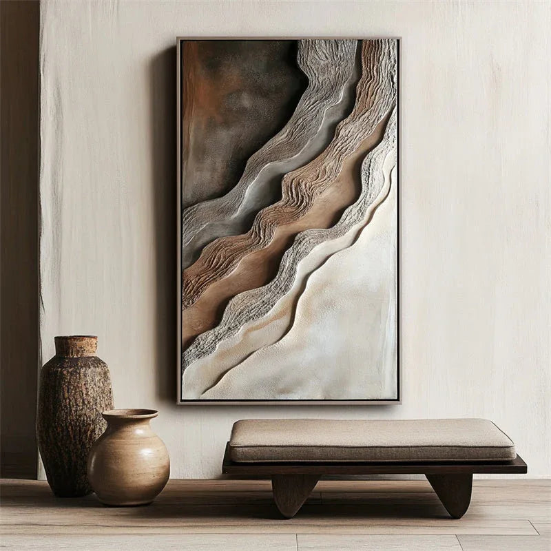 Cascading Horizons-Modern Minimalist 3D Vertical Wave Pattern Layered Texture Oil Painting Wall Art