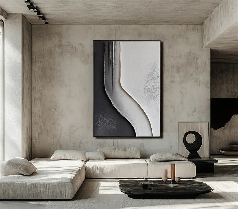 Flowing Monochrome - Minimalist Black and White Textured Canvas Art for Modern Interiors