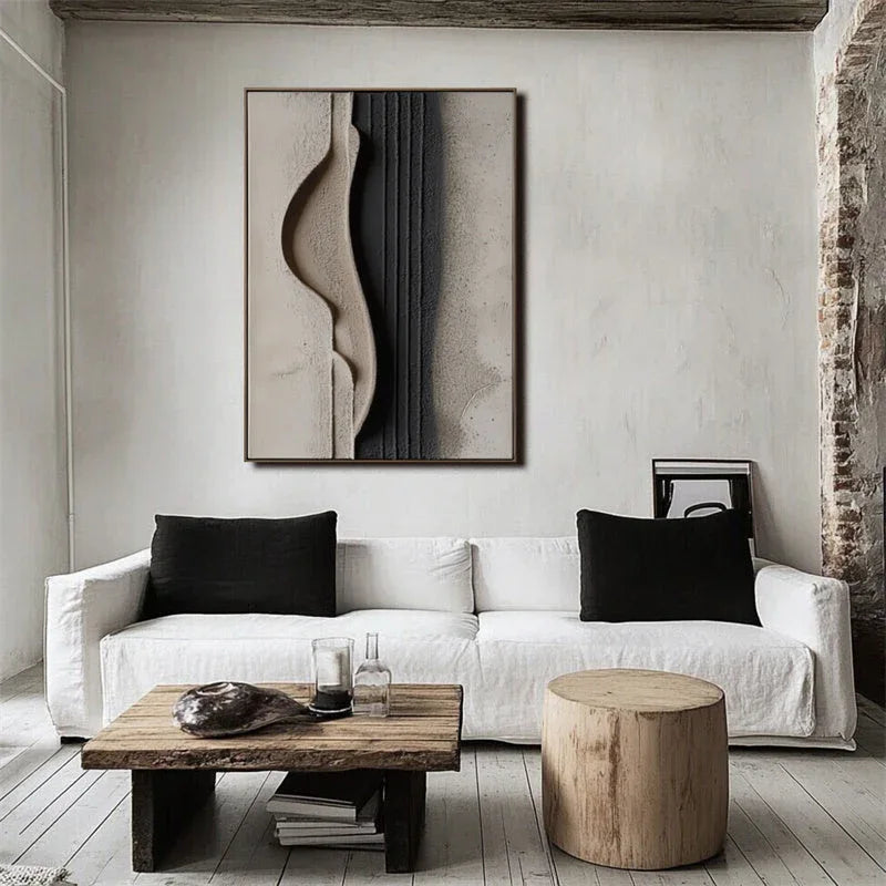 Minimalist Beige and Black Textured Wall Art - Modern Abstract Canvas