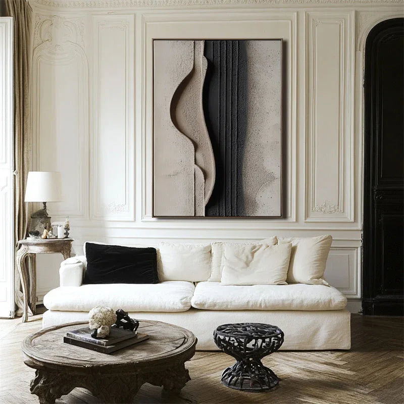 Minimalist Beige and Black Textured Wall Art - Modern Abstract Canvas