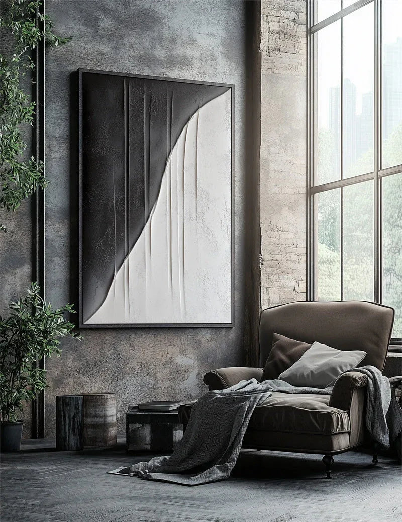 Split Textured Curve-Black and White Minimalist Textured Abstract Wall Art