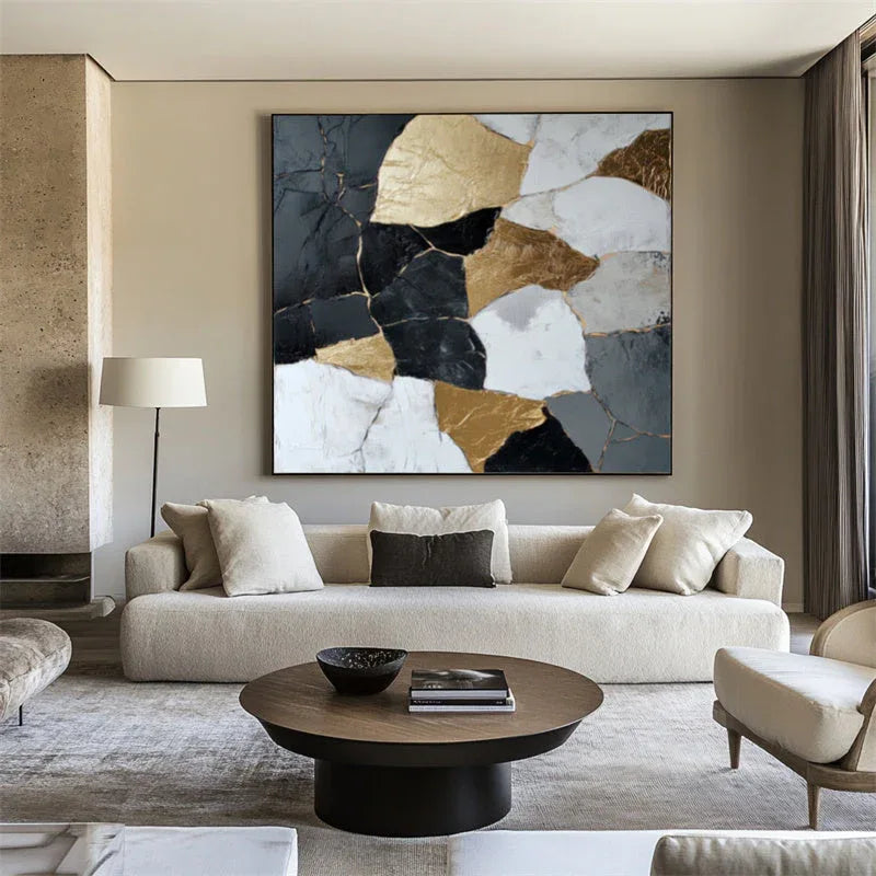 Golden Fragments-3D Black Gold Geometric Splicing Abstract Oil Painting Wall Art