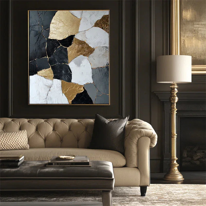 Golden Fragments-3D Black Gold Geometric Splicing Abstract Oil Painting Wall Art