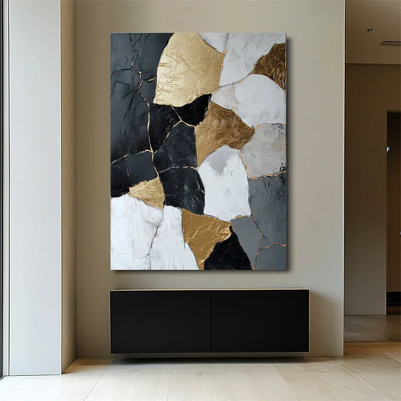 Golden Fragments-3D Black Gold Geometric Splicing Abstract Oil Painting Wall Art