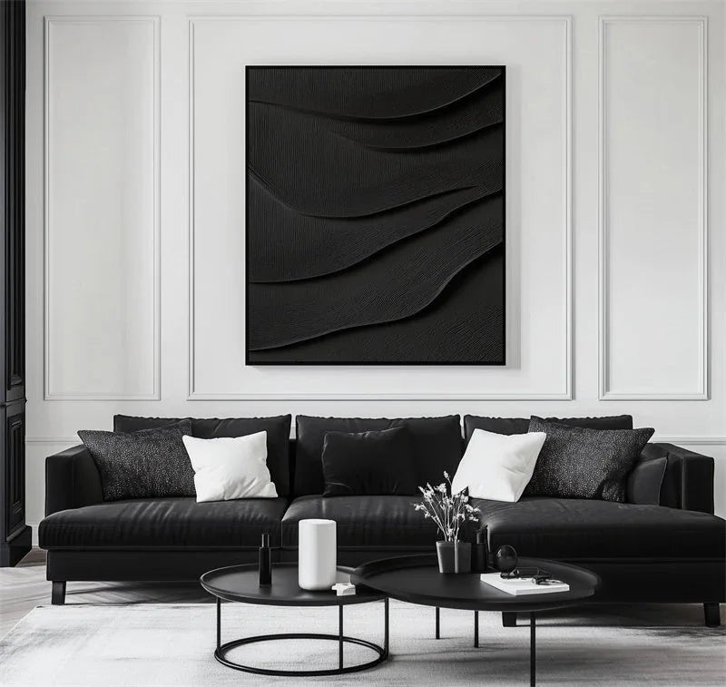 3D Black Textured Wall Art – Minimalist Abstract Wave Design Decor