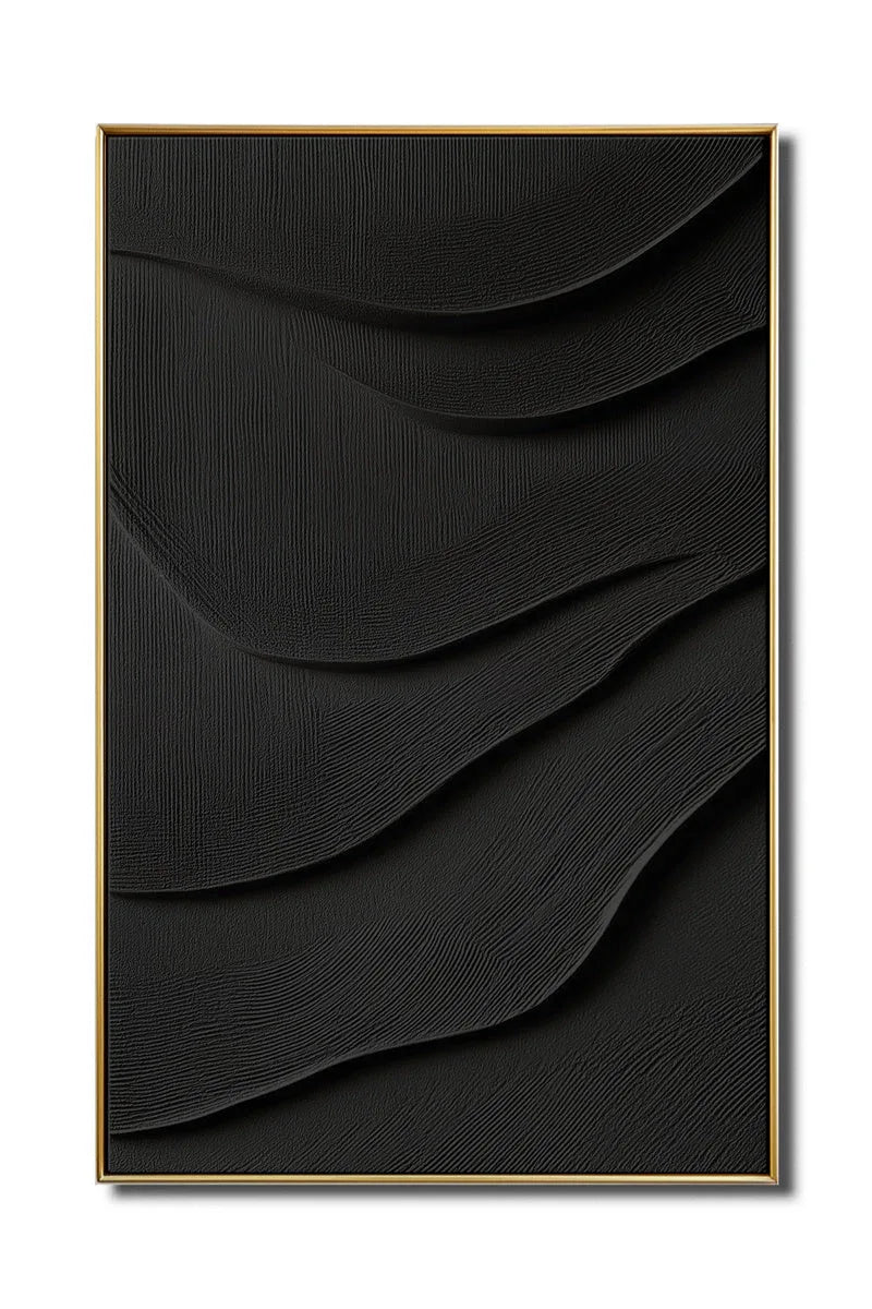 3D Black Textured Wall Art – Minimalist Abstract Wave Design Decor