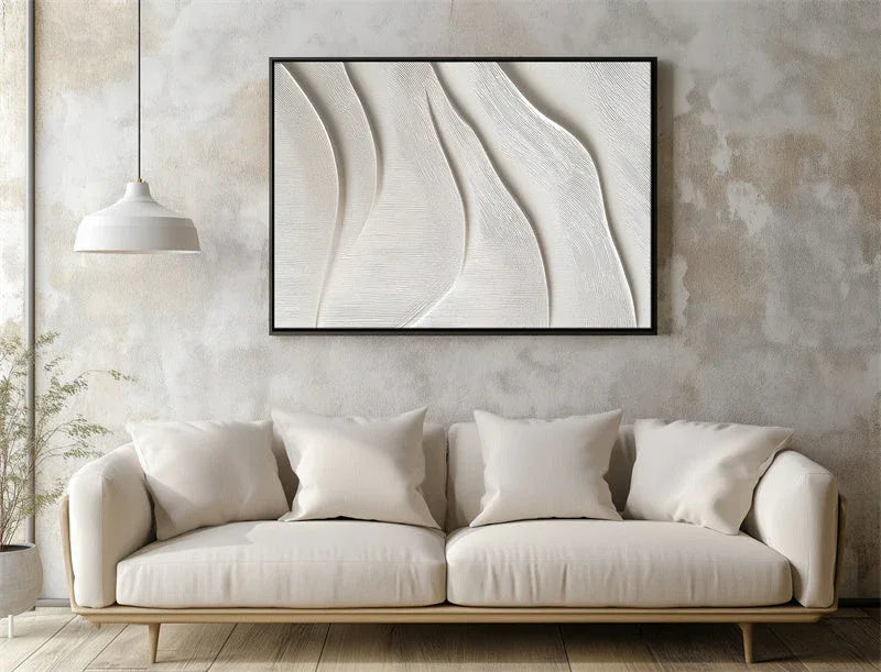 3D White Textured Wall Art – Minimalist Abstract Wave Canvas Decor