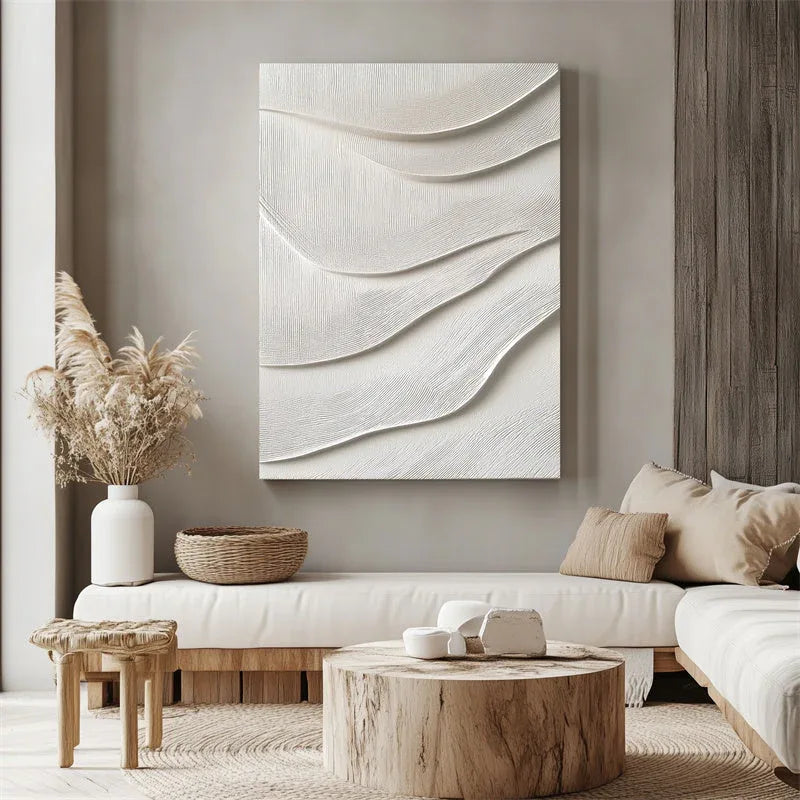 3D White Textured Wall Art – Minimalist Abstract Wave Canvas Decor
