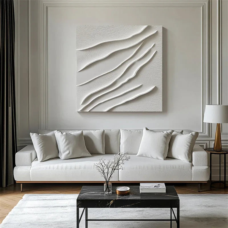 Serene Waves-Minimalist Abstract Oil Painting Wall Art with 3D White Wave Lines