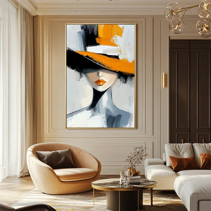 Golden Grace Portrait Canvas-Geometric Wide brimmed Hat Female Abstract Oil Painting Wall Art