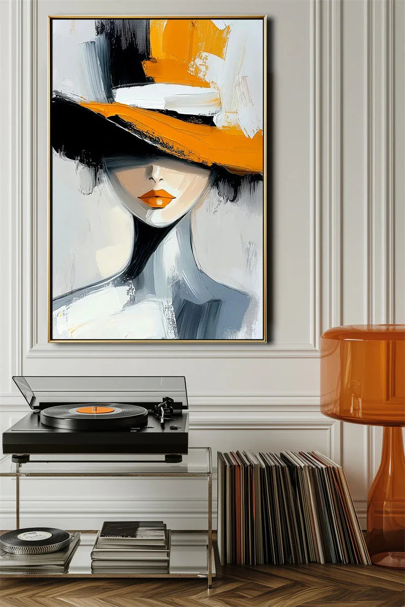 Golden Grace Portrait Canvas-Geometric Wide brimmed Hat Female Abstract Oil Painting Wall Art