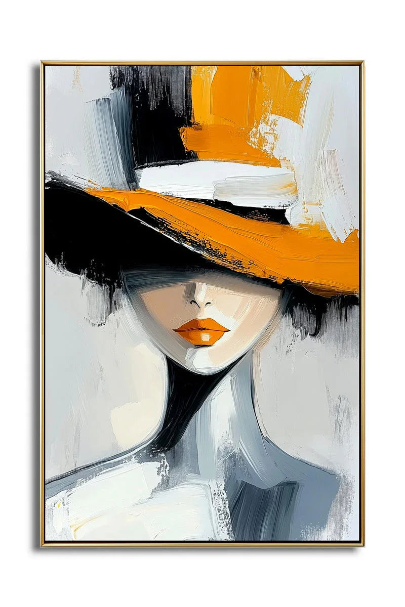 Golden Grace Portrait Canvas-Geometric Wide brimmed Hat Female Abstract Oil Painting Wall Art