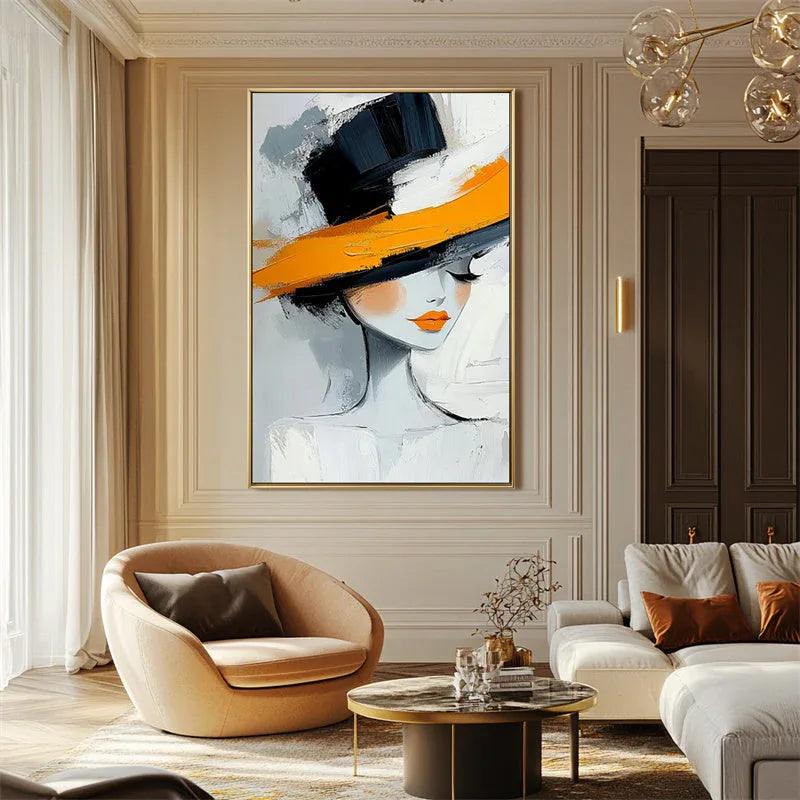 Abstract Portrait Wall Art - Elegant Woman with Hat in Modern Style