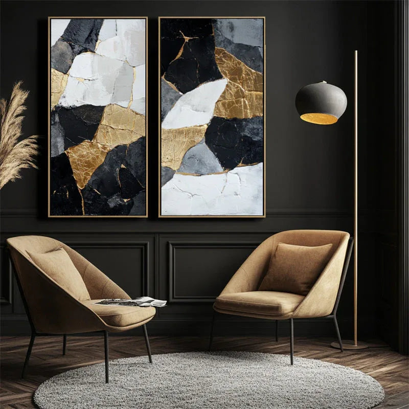 Fragments of Timeless Elegance-Modern Home Decoration Black Gold Geometric Abstract Wall Art