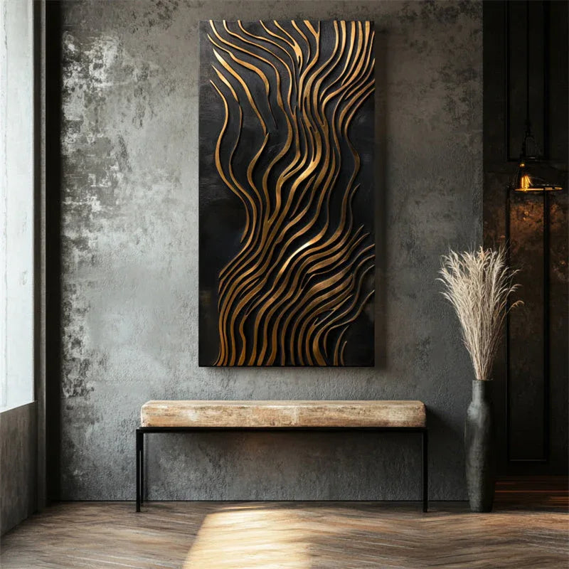3D Gold Wave Wall Art – Modern Abstract Metal-Inspired Textured Design