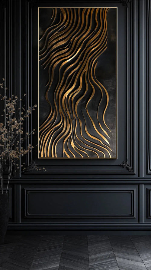 3D Gold Wave Wall Art – Modern Abstract Metal-Inspired Textured Design