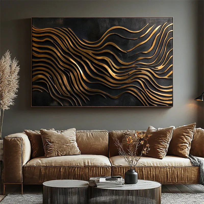 3D Gold Wave Wall Art – Modern Abstract Metal-Inspired Textured Design