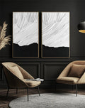 Duality in Textured Harmony-Double Layered White Wave Pattern Black Background Abstract Wall Art