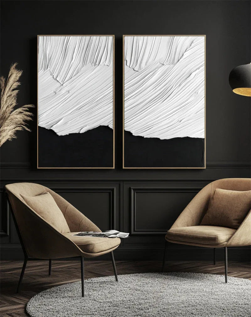 Duality in Textured Harmony-Double Layered White Wave Pattern Black Background Abstract Wall Art