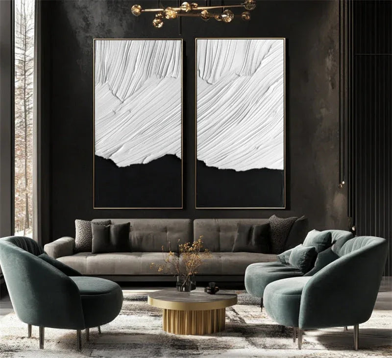 Duality in Textured Harmony-Double Layered White Wave Pattern Black Background Abstract Wall Art