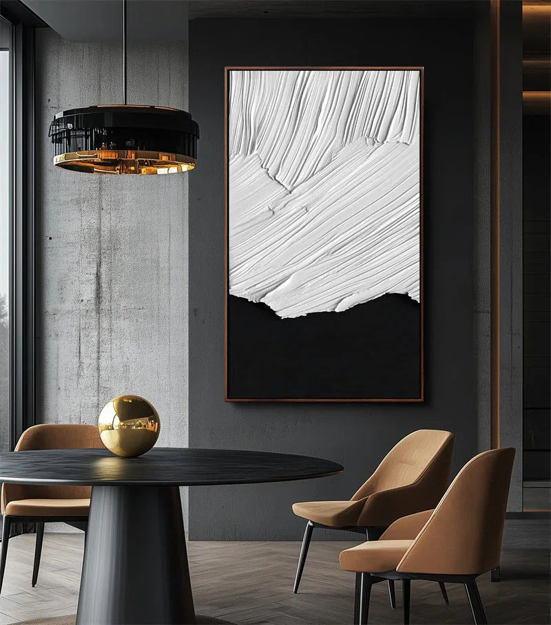 Duality in Textured Harmony-Double Layered White Wave Pattern Black Background Abstract Wall Art