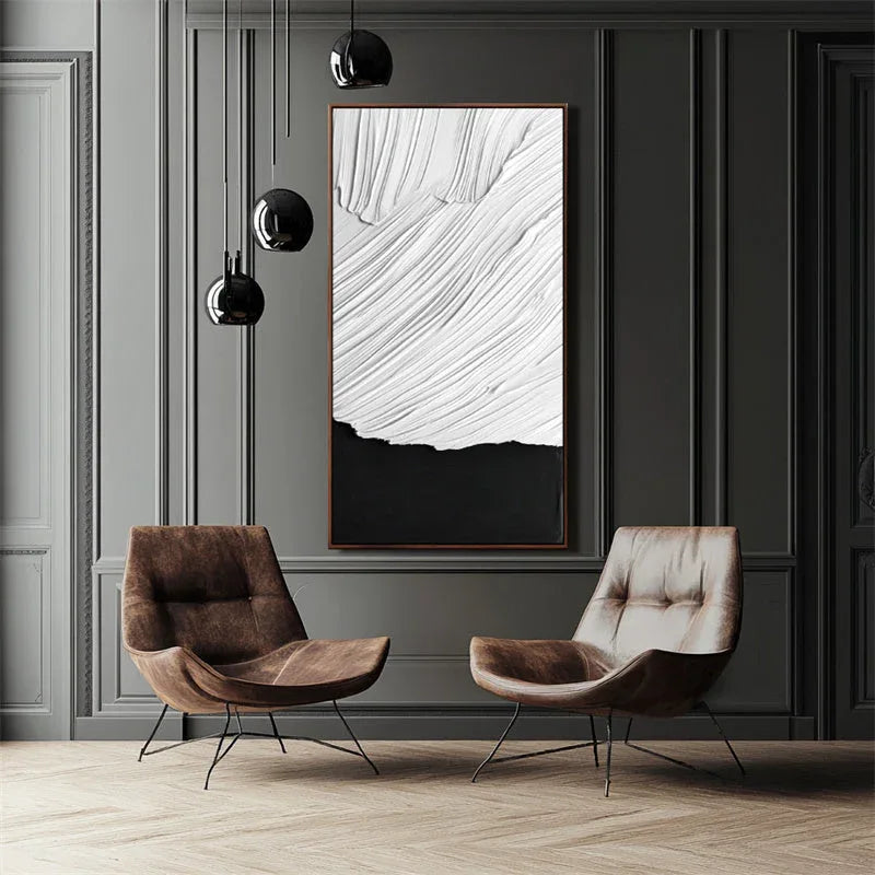 Duality in Textured Harmony-Double Layered White Wave Pattern Black Background Abstract Wall Art