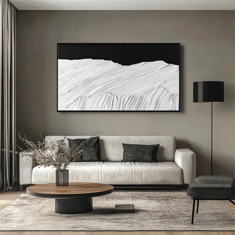 Monochrome Horizon in Texture-Hand Drawn Abstract Wall Art With Layered Black and White Textures and Wave Patterns