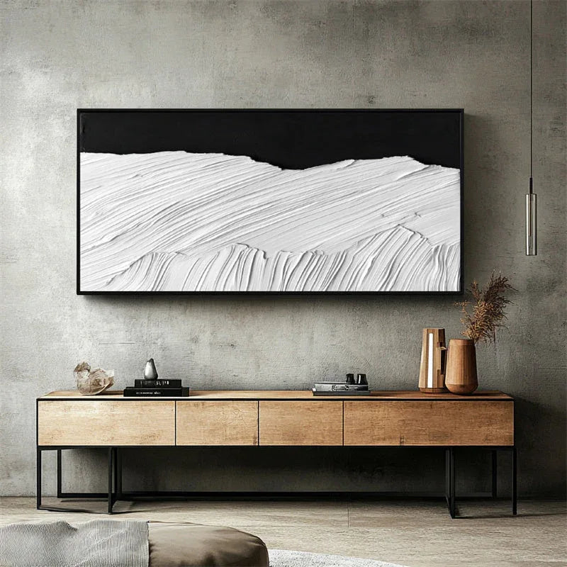 Monochrome Horizon in Texture-Hand Drawn Abstract Wall Art With Layered Black and White Textures and Wave Patterns