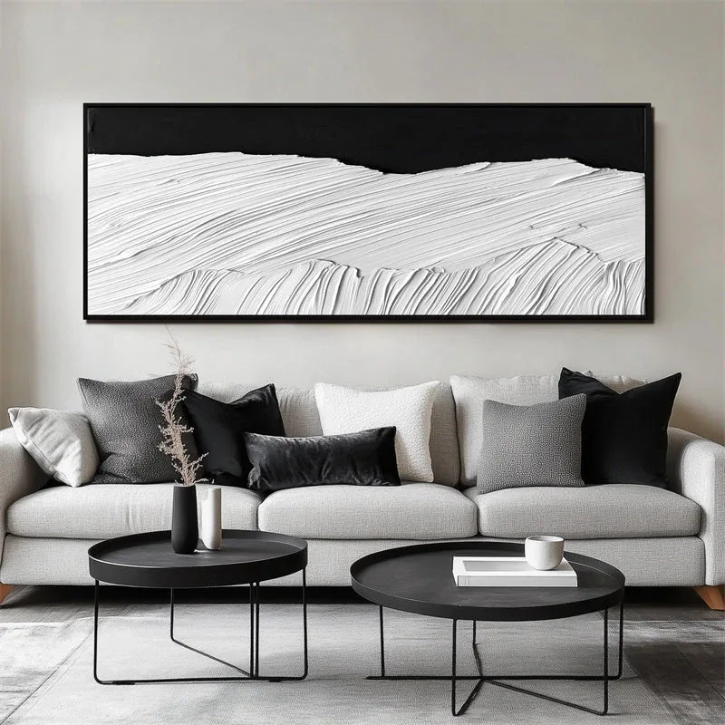 Monochrome Horizon in Texture-Hand Drawn Abstract Wall Art With Layered Black and White Textures and Wave Patterns