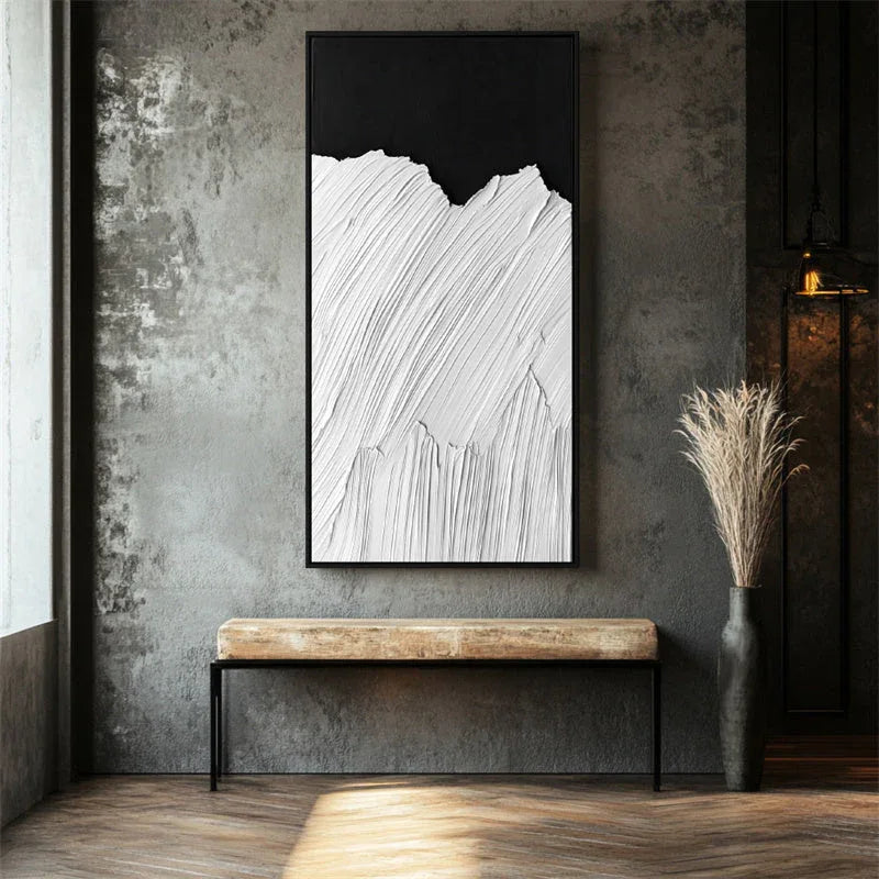 Monochrome Ridge-Minimalist Style Abstract White Mountain Black and White Contrast Oil Painting Wall Art