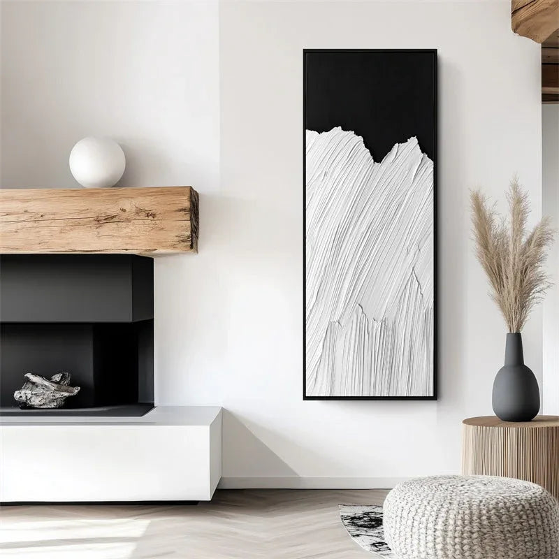 Monochrome Ridge-Minimalist Style Abstract White Mountain Black and White Contrast Oil Painting Wall Art