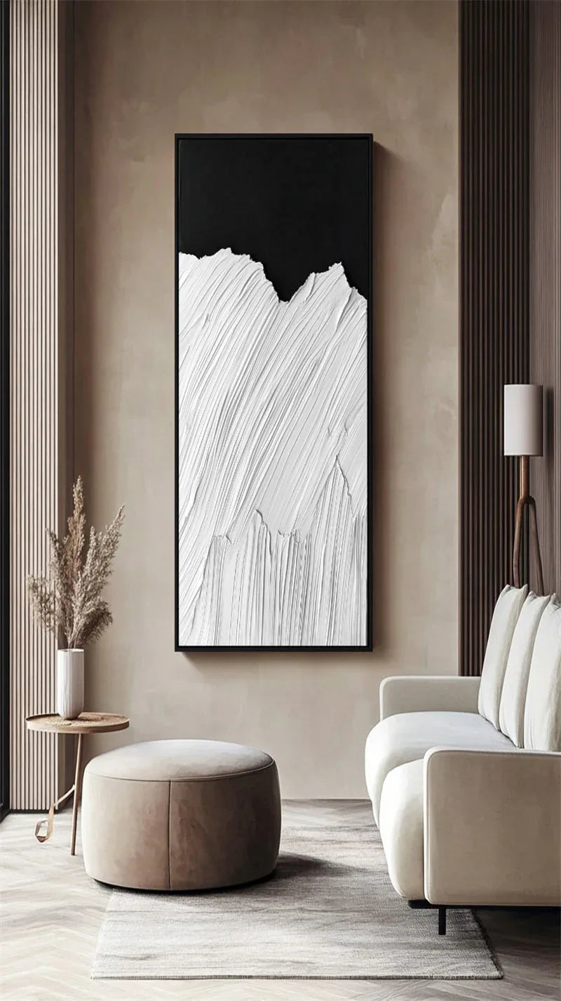 Monochrome Ridge-Minimalist Style Abstract White Mountain Black and White Contrast Oil Painting Wall Art