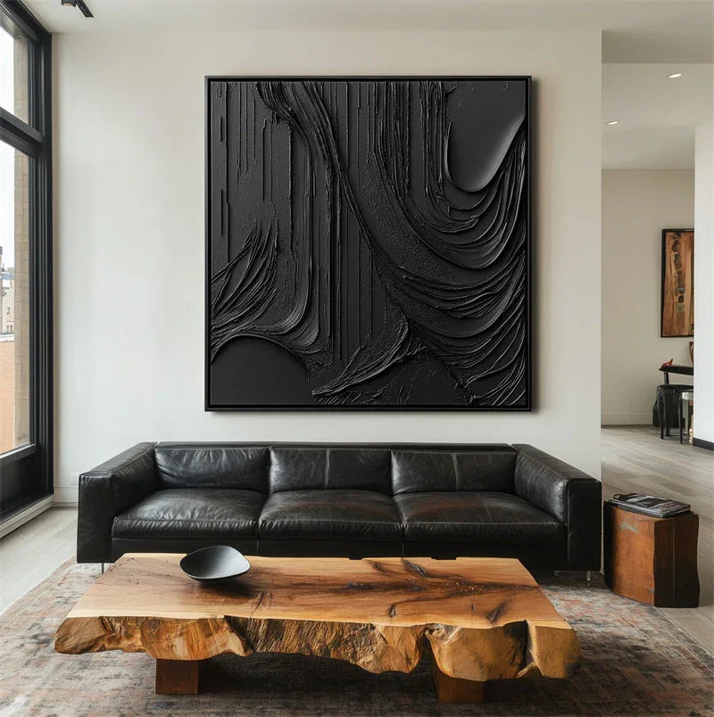 Black Flow Texture-Modern Minimalist Hand Drawn Flowing Ripple Abstract Wall Art