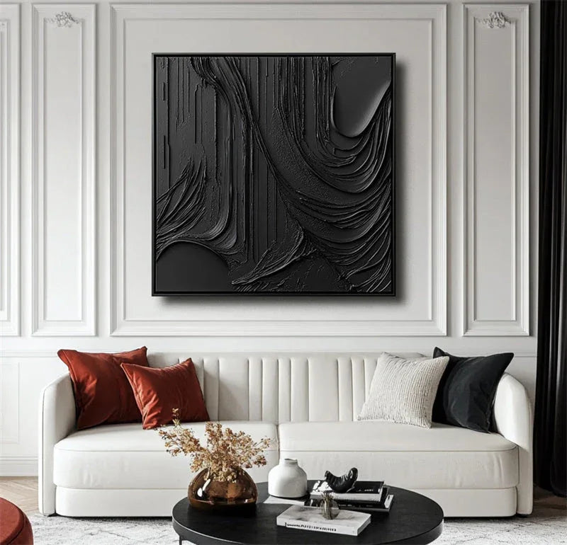 Black Flow Texture-Modern Minimalist Hand Drawn Flowing Ripple Abstract Wall Art