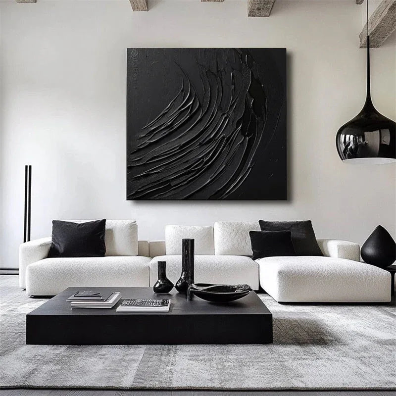 Ebony Flow-Modern Minimalist Three-Dimensional Black Dark Patterned Abstract Wall Art