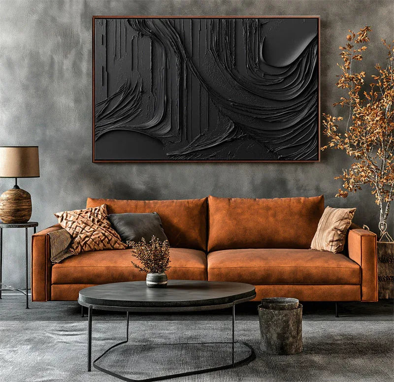 Shadows in Flowing Texture-Hand Drawn Black Background Wavy Texture Wall Art