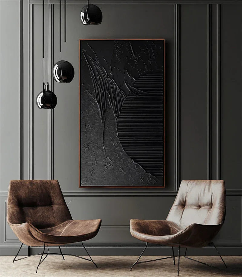 Ebony Horizon Abstract Art-Black Three-Dimensional Texture Abstract Wall Art With Curved Stripes