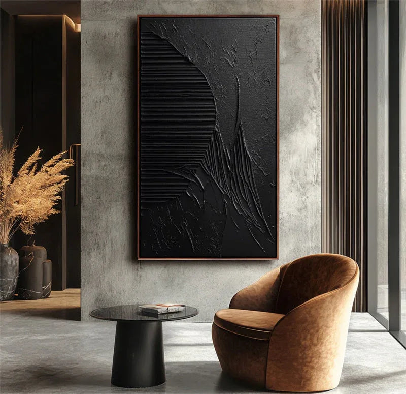 Ebony Horizon Abstract Art-Black Three-Dimensional Texture Abstract Wall Art With Curved Stripes