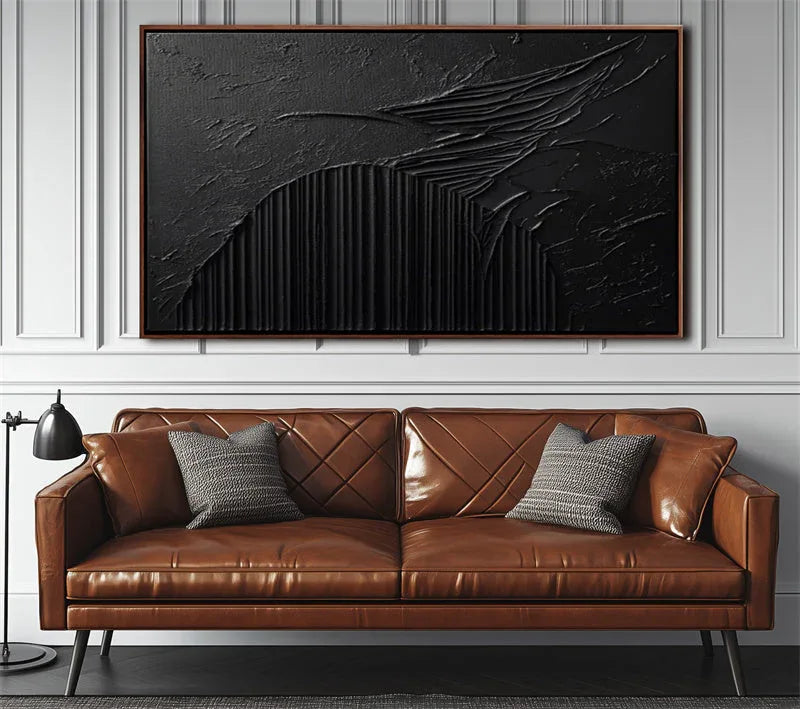 Ebony Horizon Abstract Art-Black Three-Dimensional Texture Abstract Wall Art With Curved Stripes