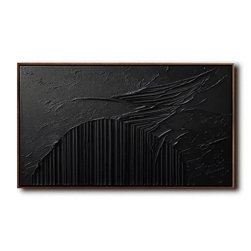 Ebony Horizon Abstract Art-Black Three-Dimensional Texture Abstract Wall Art With Curved Stripes