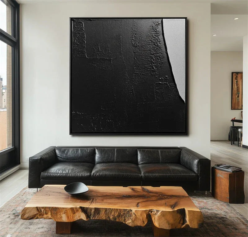 Eclipse in Shadow-Modern Minimalist Black and White Color Block Texture Abstract Wall Art