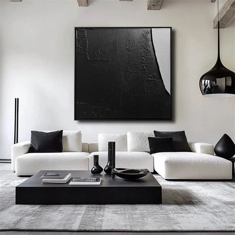 Eclipse in Shadow-Modern Minimalist Black and White Color Block Texture Abstract Wall Art