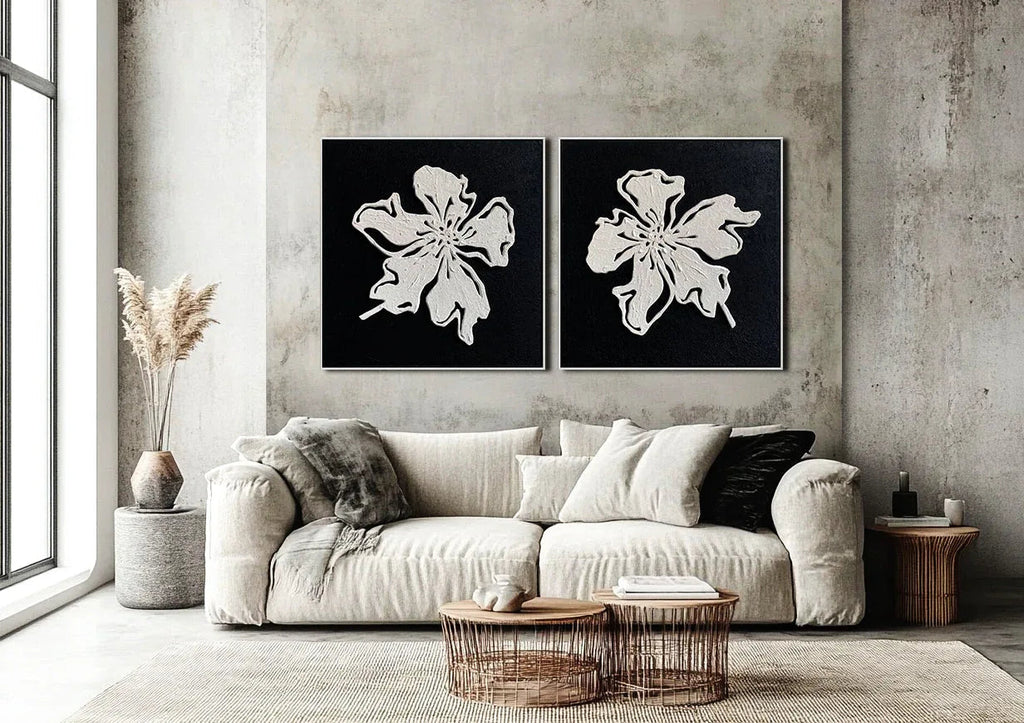 Floral Elegance Diptych Art-Double Minimalist and Three-Dimensional Black and White Floral Texture Wall Art