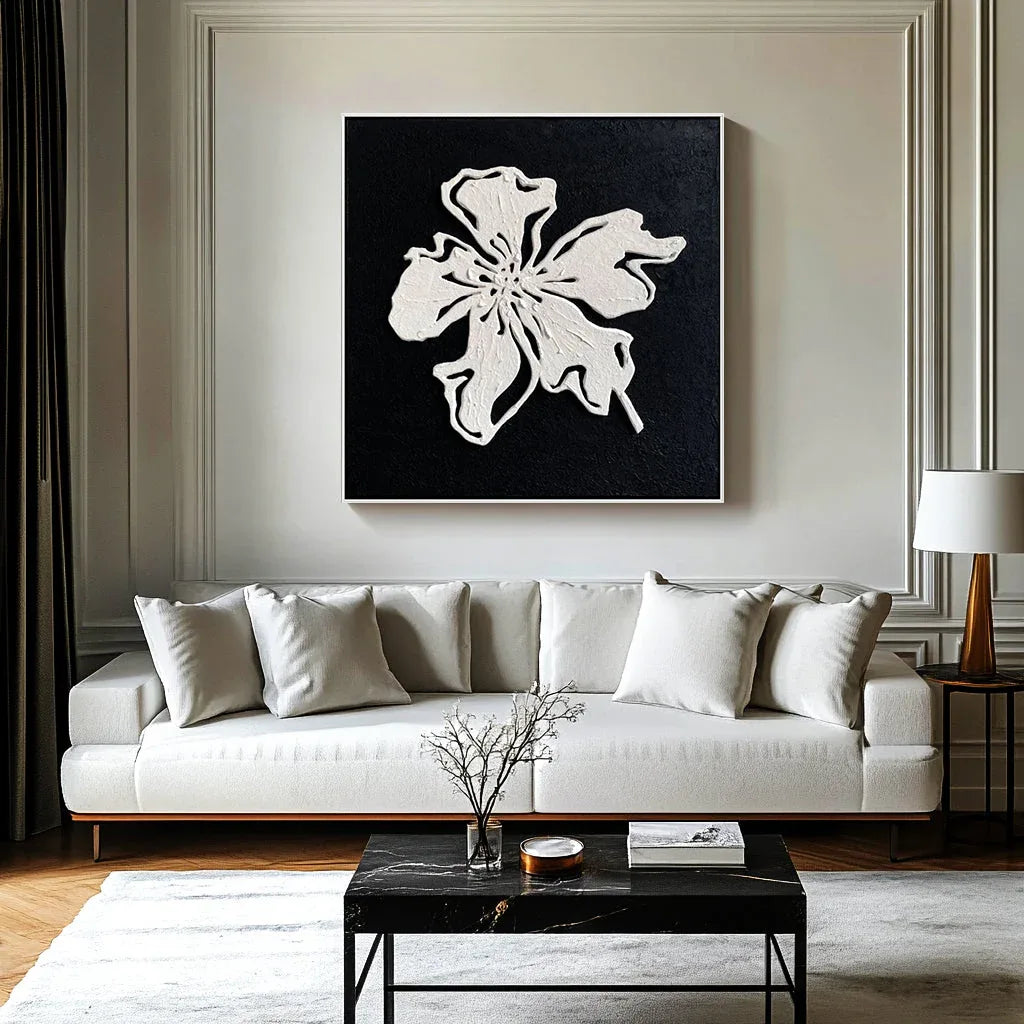 Floral Elegance Diptych Art-Double Minimalist and Three-Dimensional Black and White Floral Texture Wall Art