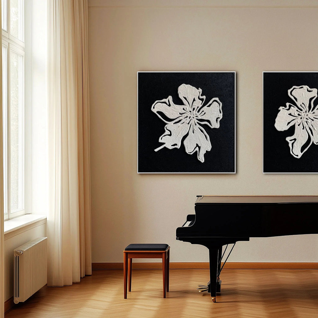 Floral Elegance Diptych Art-Double Minimalist and Three-Dimensional Black and White Floral Texture Wall Art
