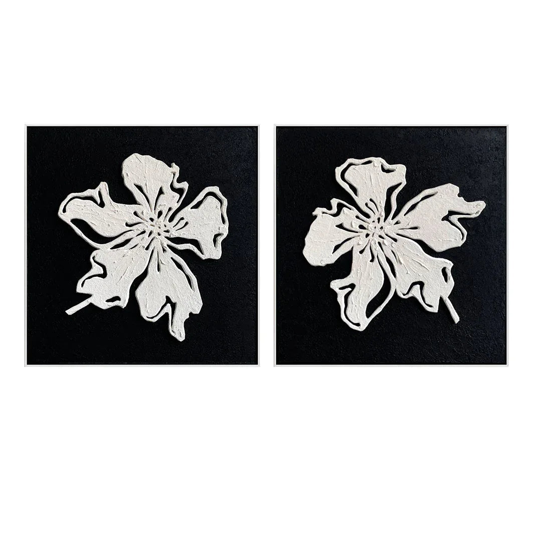 Floral Elegance Diptych Art-Double Minimalist and Three-Dimensional Black and White Floral Texture Wall Art
