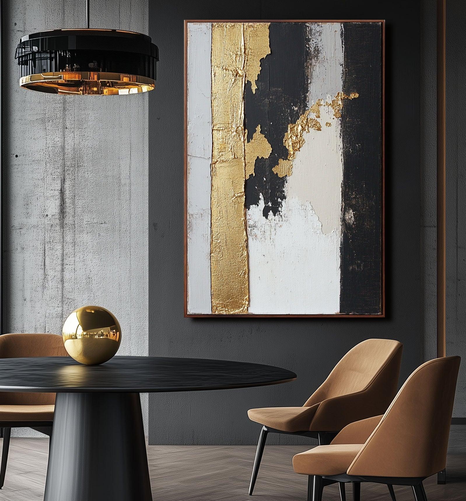Gold Stripe Abstract Art-Gold Foil Texture Modern Abstract Oil Painting Wall Art