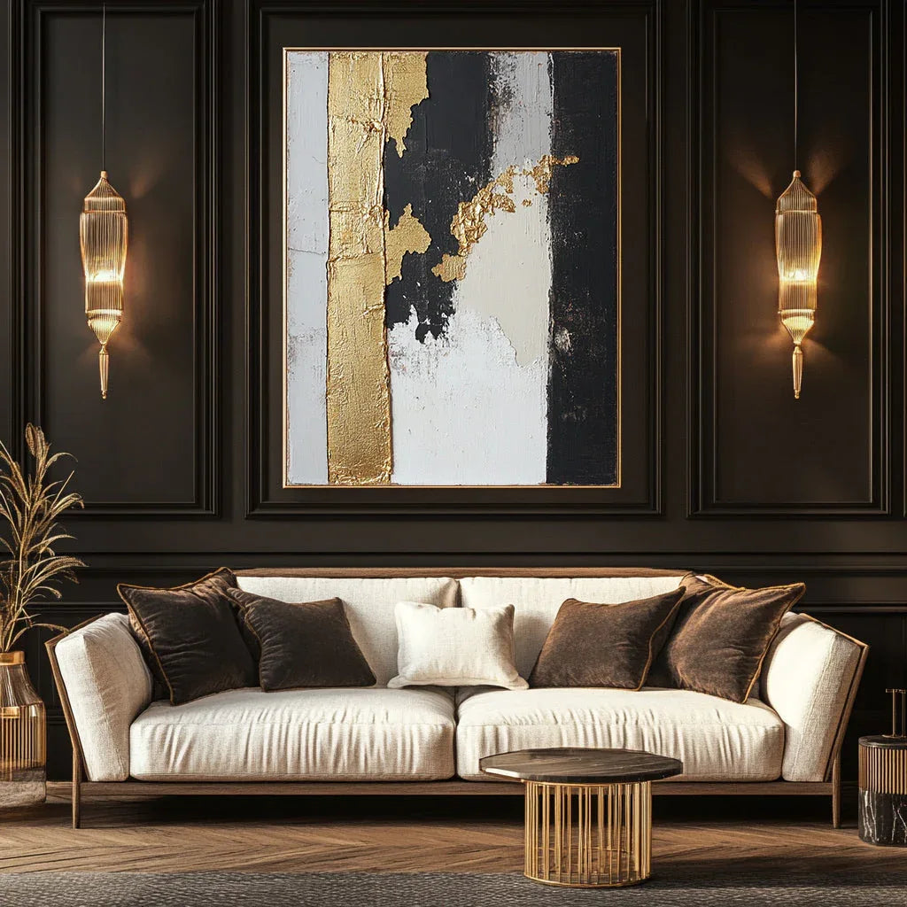 Gold Stripe Abstract Art-Gold Foil Texture Modern Abstract Oil Painting Wall Art